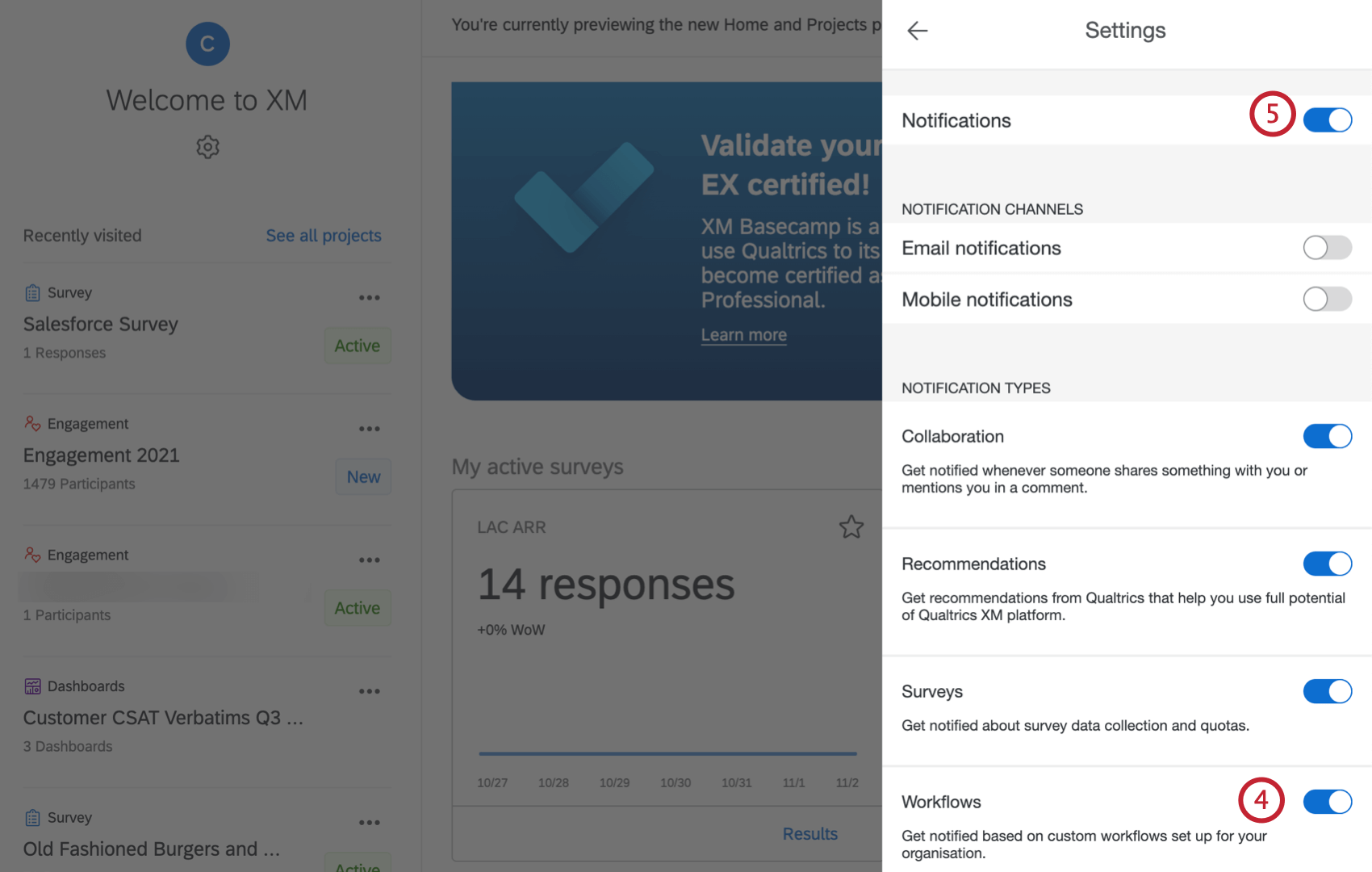 navegar até as configurações e selecionar notificações fluxo de trabalho