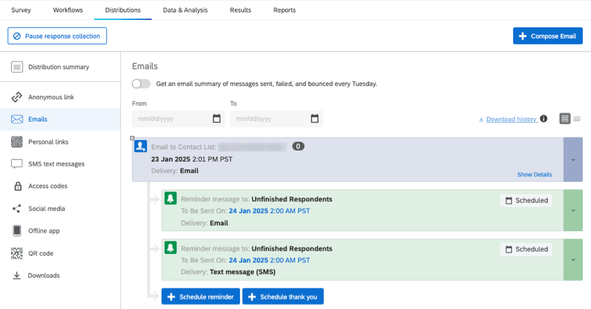 image of distribution tab in a survey, showing an email with an SMS reminder