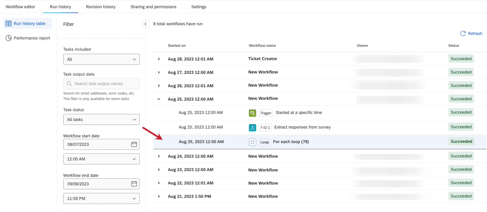 run history. a workflow is expanded to show each task, plus an option named for each loop