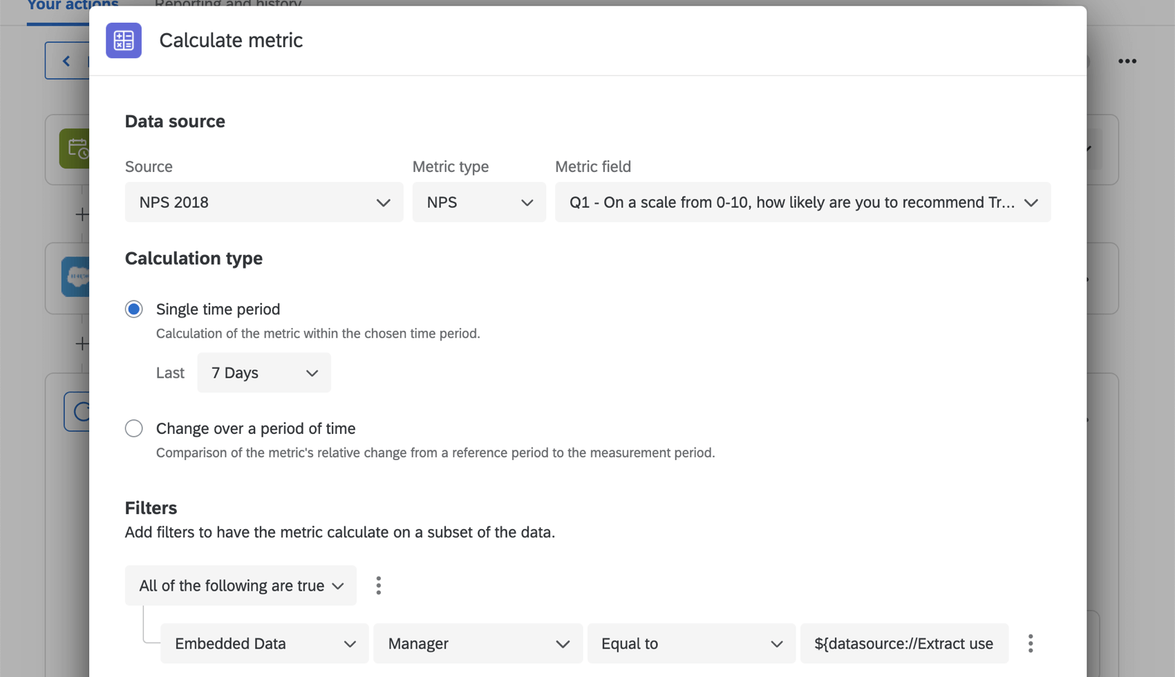 image of a calculate metric task where NPS is calculated for 7 days