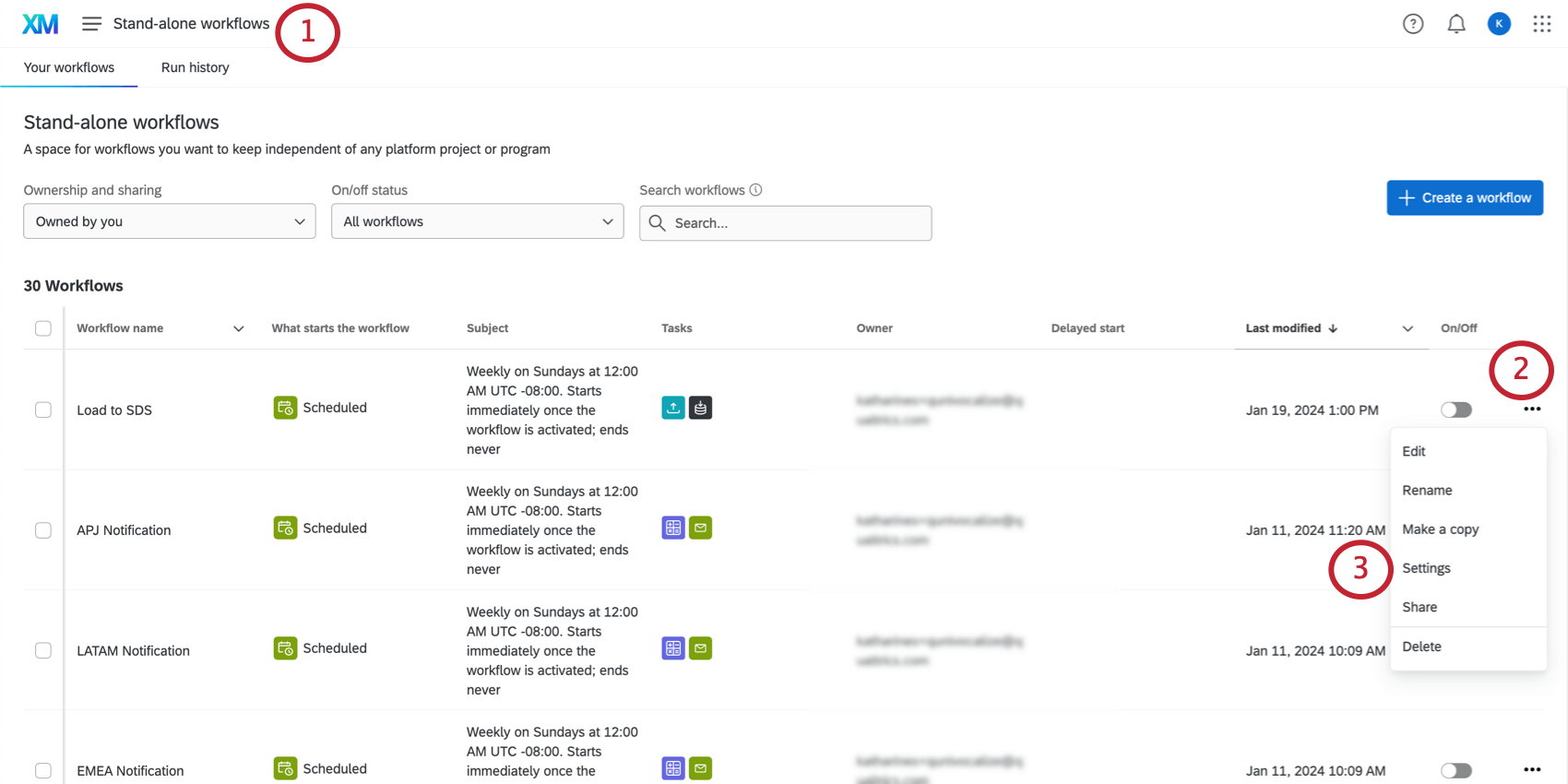 Klicken Sie auf der Workflow-Seite auf die drei Punkte weiter einem Workflow