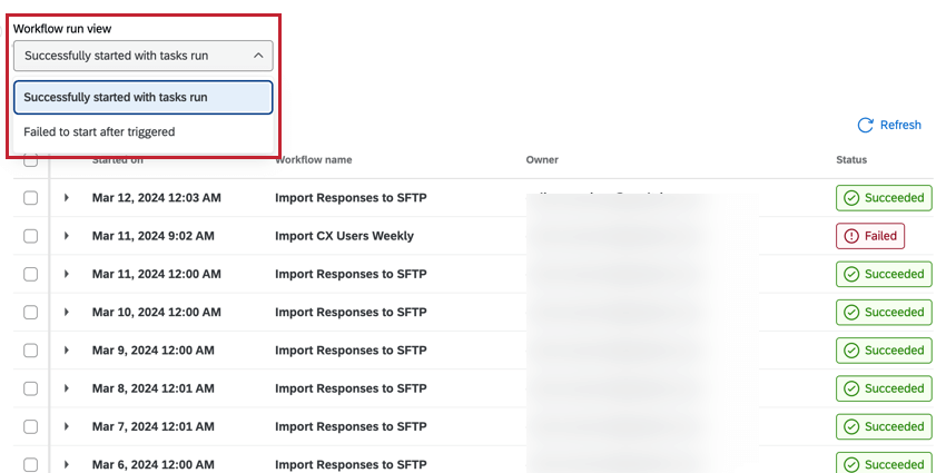 using the "workflow run view" dropdown menu at the top of the page