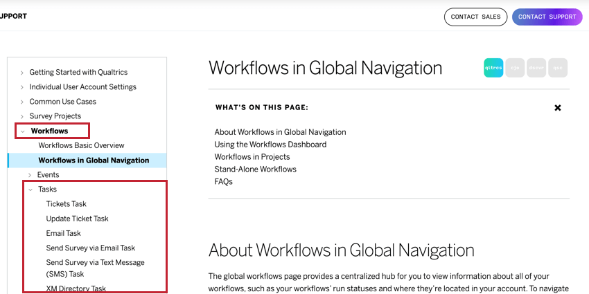Using the menu on the lefthand side of the support site to go to Workflows and then Tasks