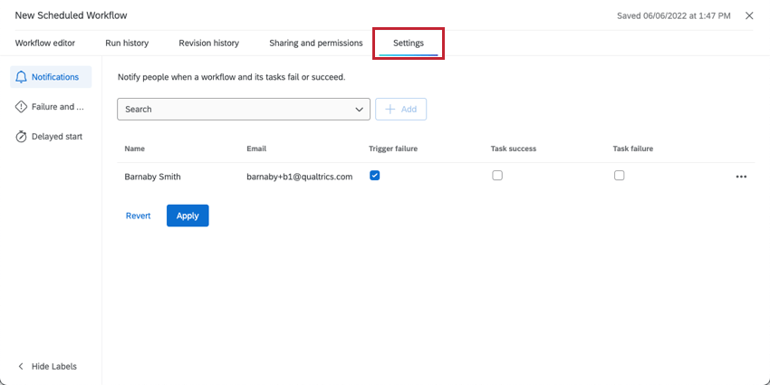 Registerkarte Einstellungen eines Workflows