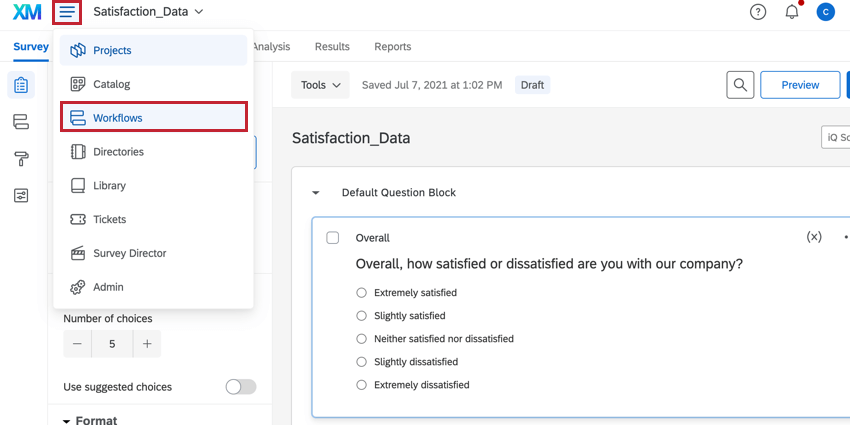 o menu de navegação na parte superior esquerda é aberto e os fluxos de trabalho são selecionados