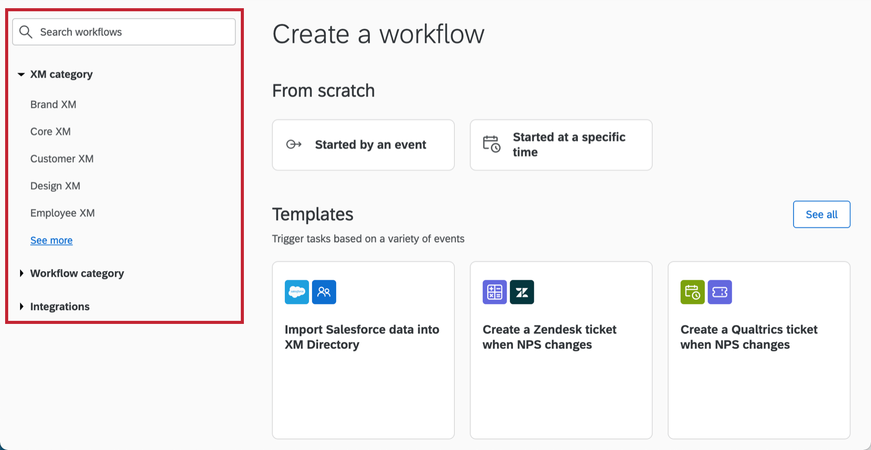 the search bar at the top of the workflow catalog and the filter groups on the side