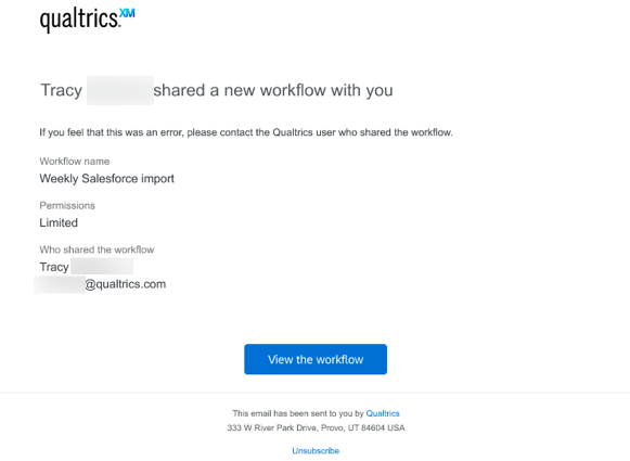 a notificação por e-mail quando um fluxo de trabalho é compartilhado