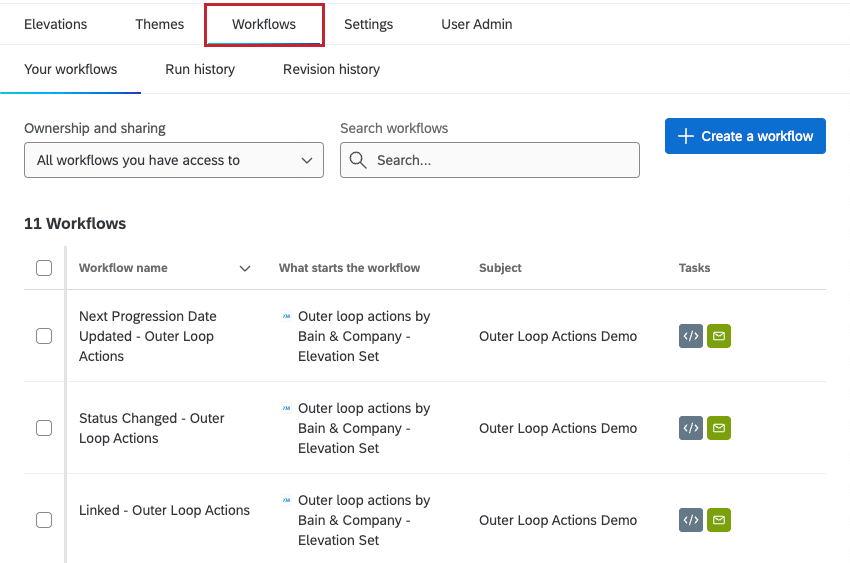 hERVORHEBUNG VON WORKFLOWS innerhalb eines Bain Outer Loop Projekts