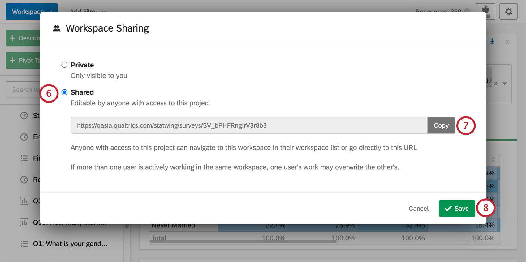 Window for workspace sharing. When "shared" is selected, a field appears with a URL in it that you can copy and give to other users