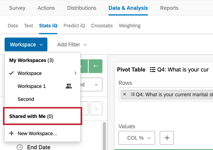 "Shared with me" section at bottom of the workspaces dropdown
