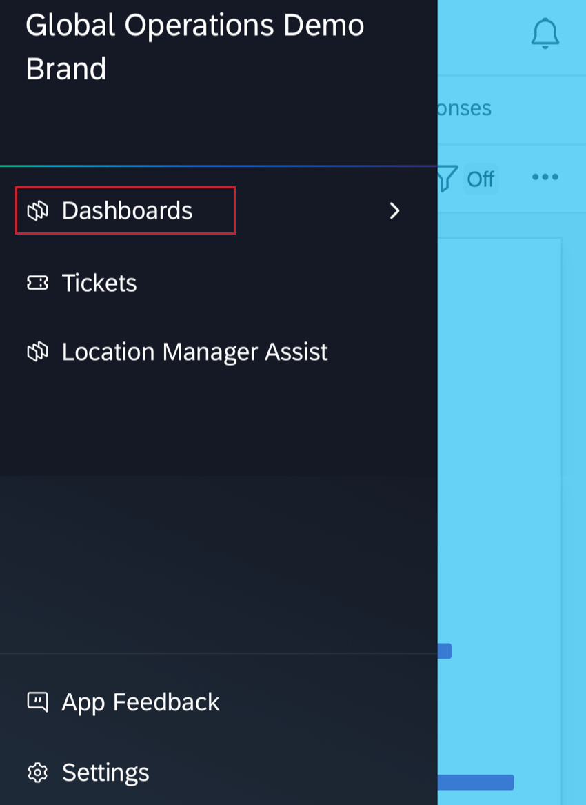 die Dashboard-Option im App-Menü