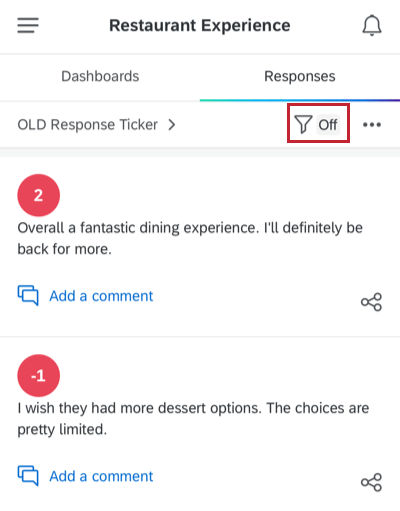 Réponses affichées dans lapp. Icône de filtre en haut à droite