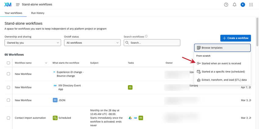 On the global workflows page creating a new workflow that starts once an event is received