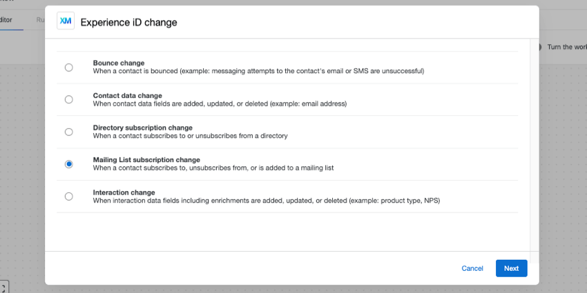 window where you select a type of experience ID change
