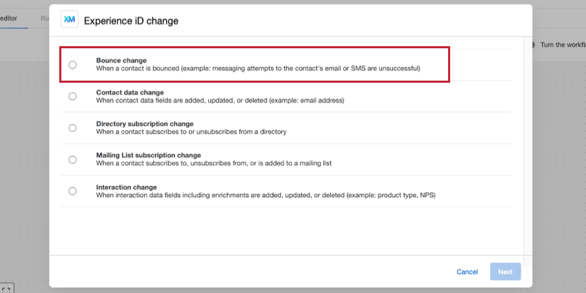 window from Experience ID change that shows the bounce change option