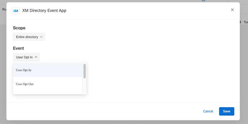 XM Directory Event App window where the event menu is opened to show user opt in and user opt out