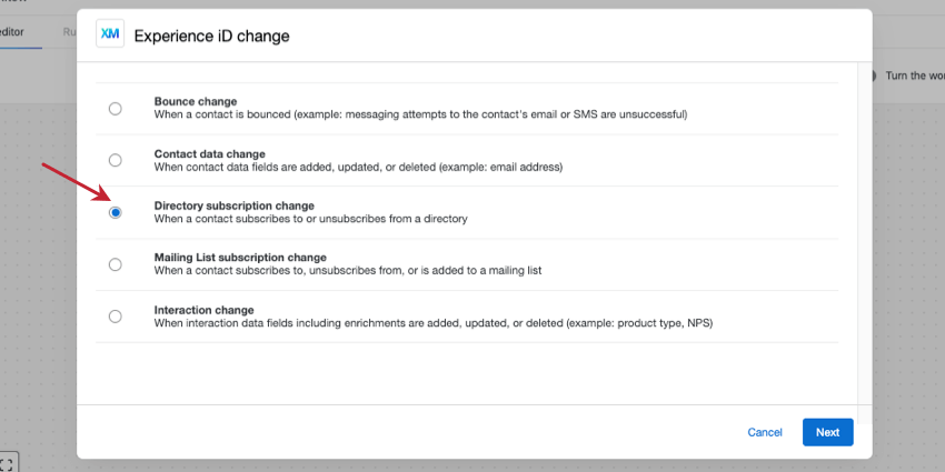 directory subscription change selected in the experience ID change window