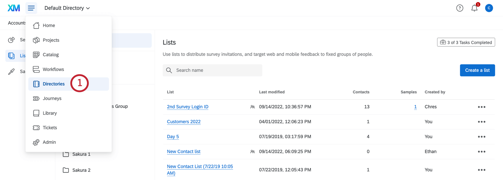 Topmost hamburg navigation expanded next to XM logo; directories is selected