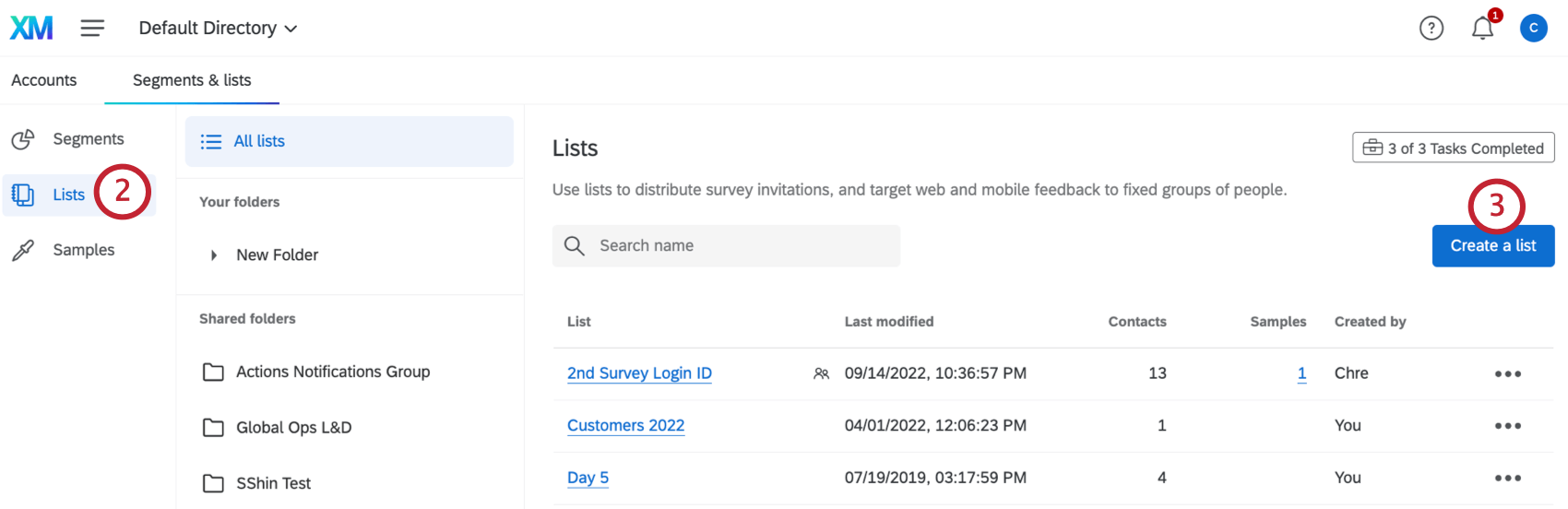The lists tab on the upper-left and the Create a list button on the top-right of the page