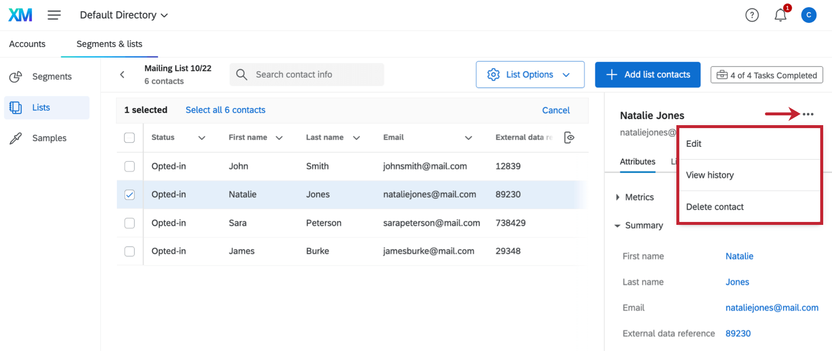 contact action menu when a single user is selected