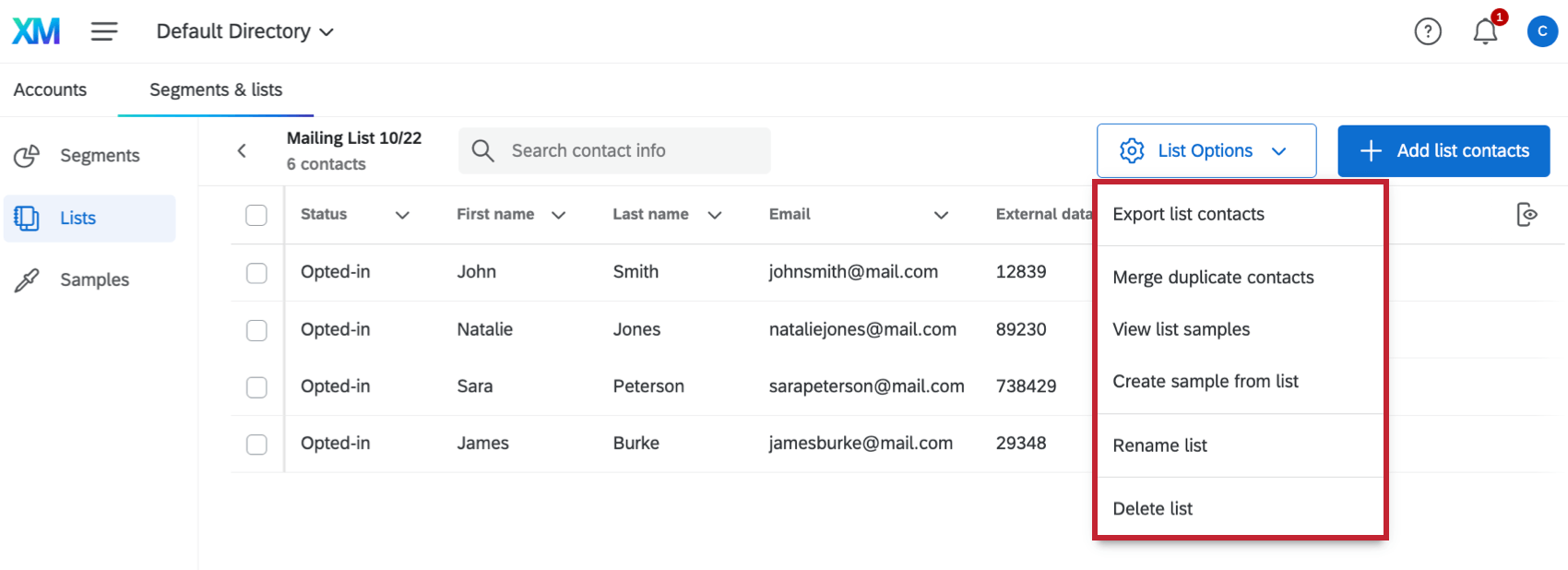 Dropdown-Liste Listenoptionen aus der Mailingliste