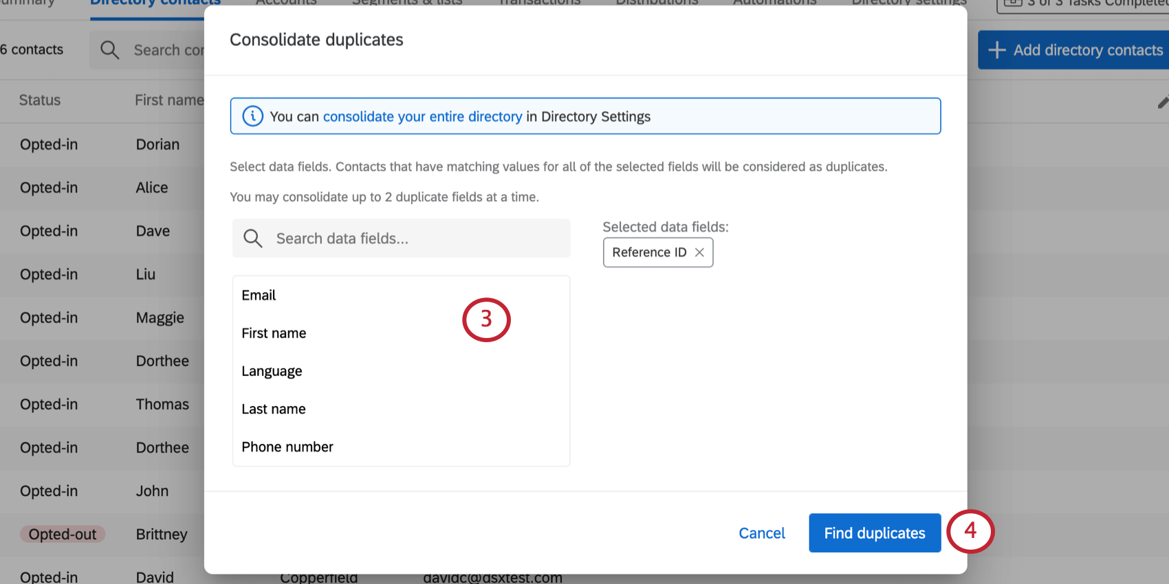 sélection des champs de contact à dédupliquer par
