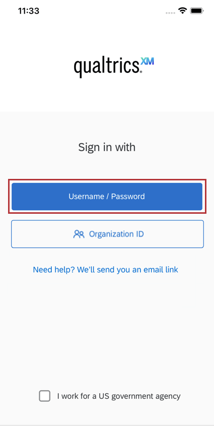 o botão de nome de usuário/senha na tela de login