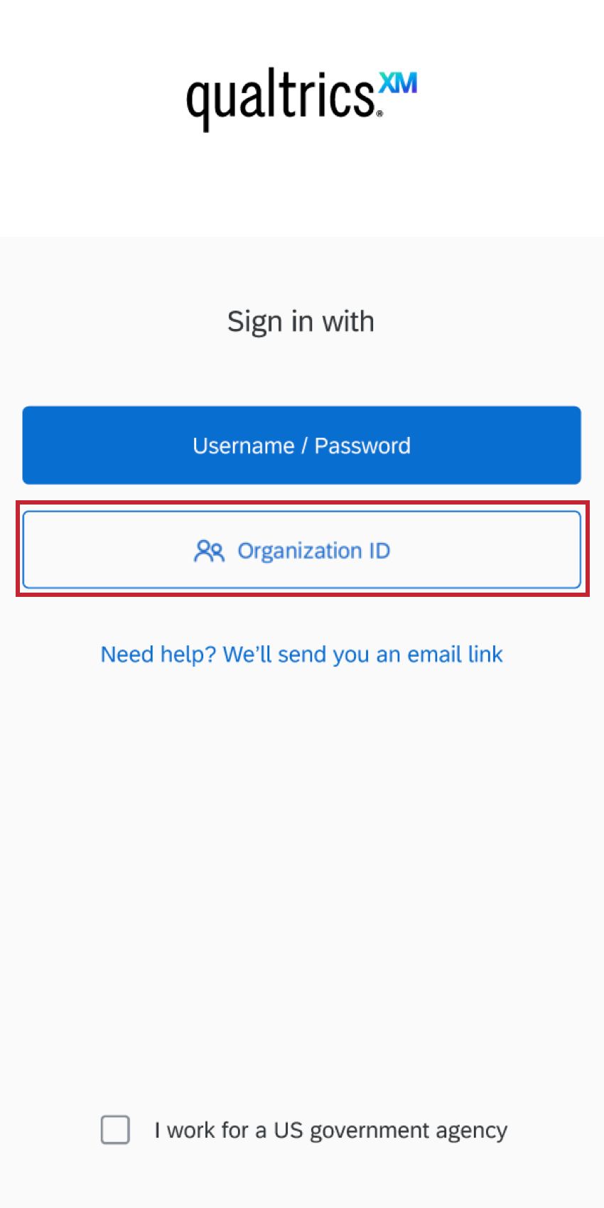 o botão de identificação organização na tela de login