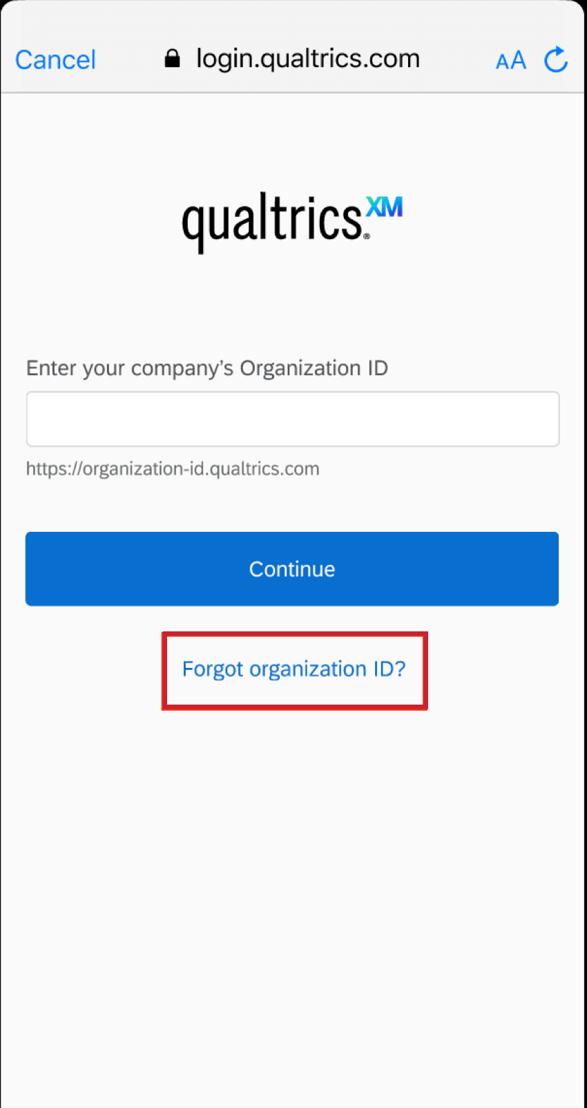 Texto que dice ¿Olvidó el ID de la organización ?