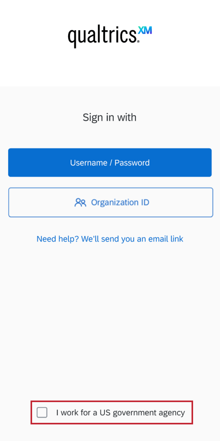 Na parte inferior da tela de login, uma opção para indicar que você é de um órgão do governo dos EUA