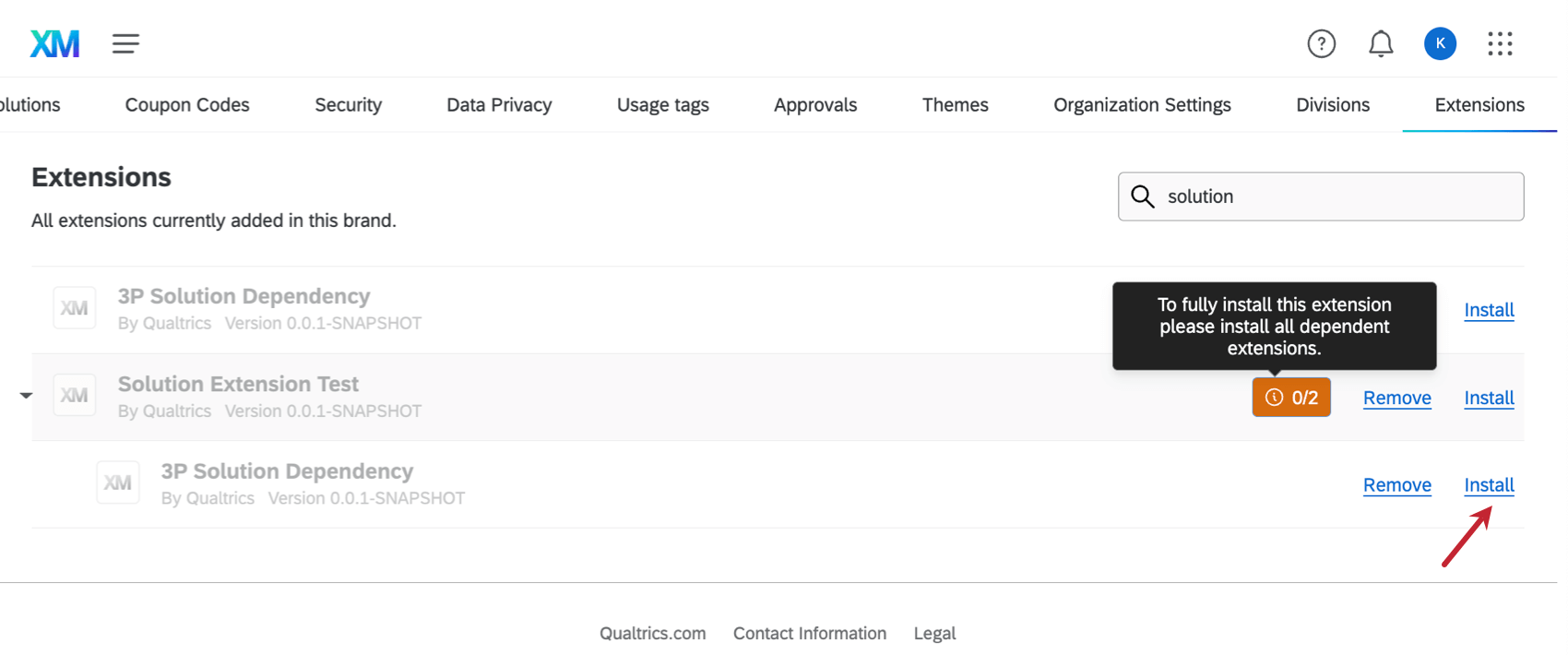 Image de la façon dont les dépendances peuvent apparaître dans la page des extensions, en retrait sous la solution principale