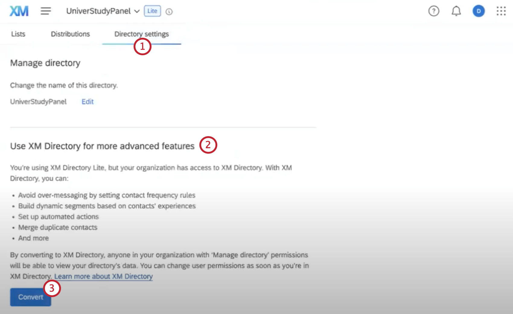 convert directory section within the directory settings tab