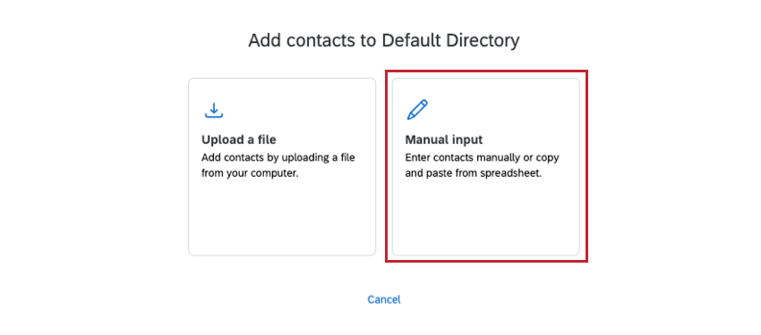 On the Add Contacts window the Manual Input option is on the right