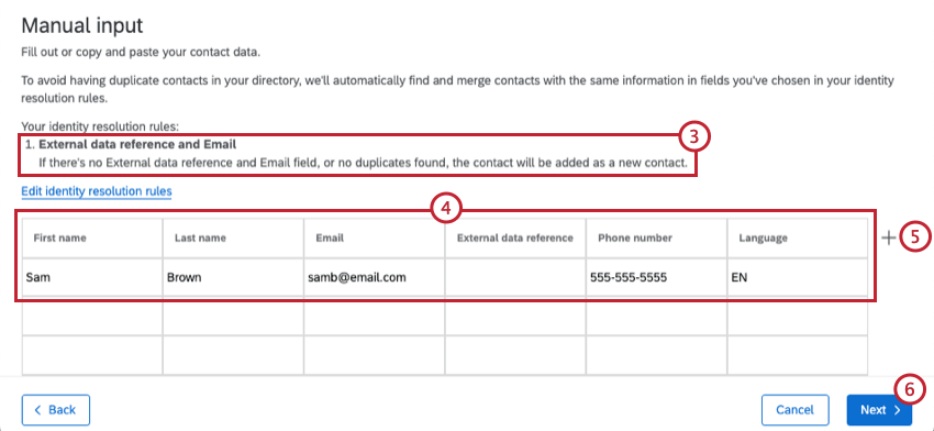manual input screen with existing deduplication conditions displayed