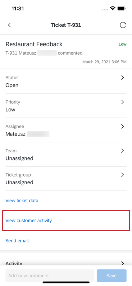 Option de visualisation de lactivité du client pour un ticket spécifique