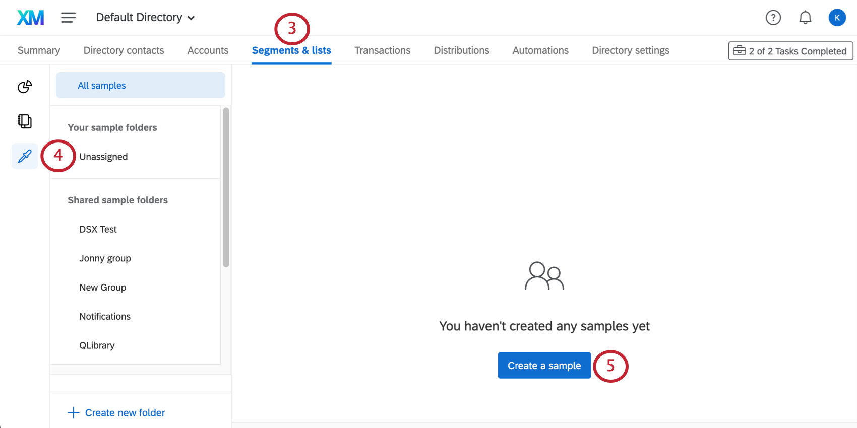 The samples section of the segments and lists tab is open