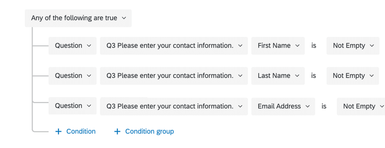 アンケートの特定の質問に回答した場合にアクションが実行されるように条件セットされたアクションの画像