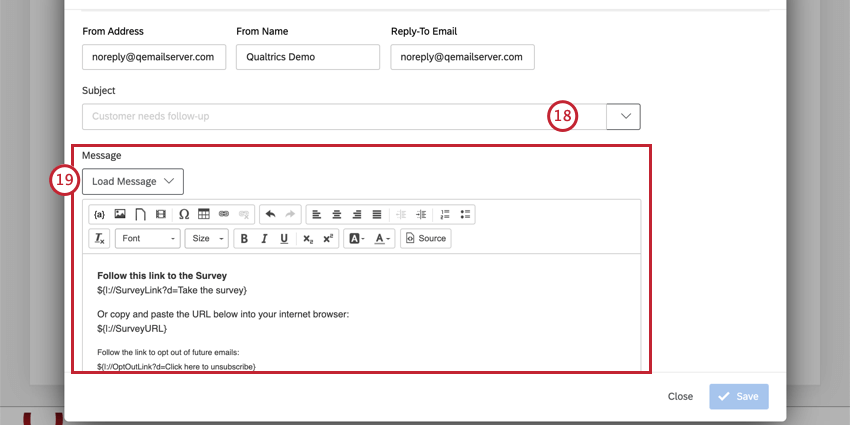 Underneath sender fields, subject line. Beneatht hat, section for composing message, complete with dropdown for selecting messages from a library and a rich content editor for composing a new one on the spot