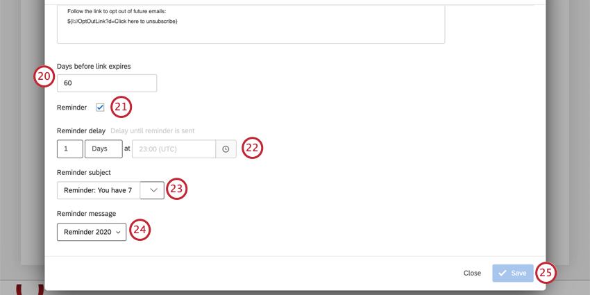 image de la tâche du répertoire XM pour lenvoi dune distribution par e-mail. Loption de rappel est activée et les champs personnalisés pour le rappel sont visibles