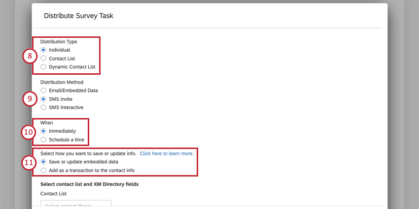 image of the xm directory task with the sms invite distribution method selected