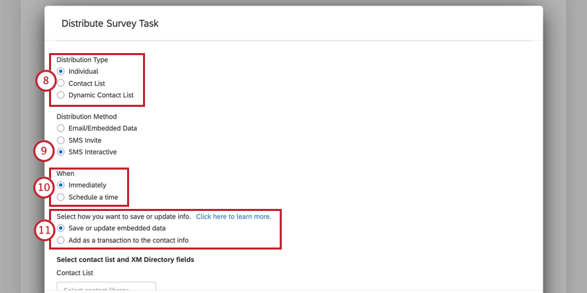 image of the xm directory task with the sms interactive distribution method selected
