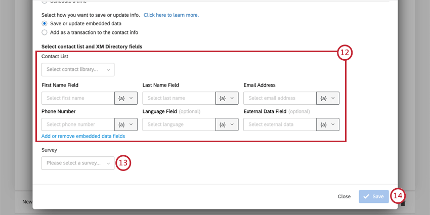 image of the xm directory task with the contact fields highlighted for a 2 way sms distribution