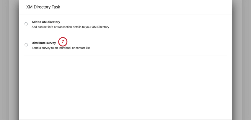 image of the distribute survey option highlighted in the xm directory task