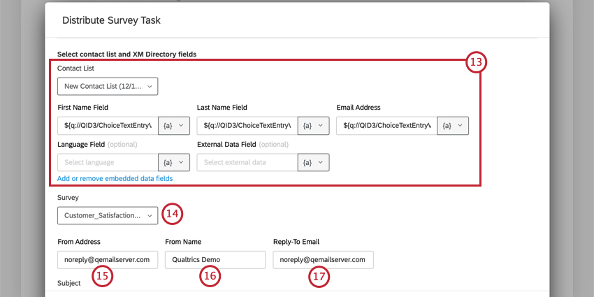 image of the xm directory task for sending an email with the contact fields highlighted. below that, info on the sender, such as from email, name, and reply to email
