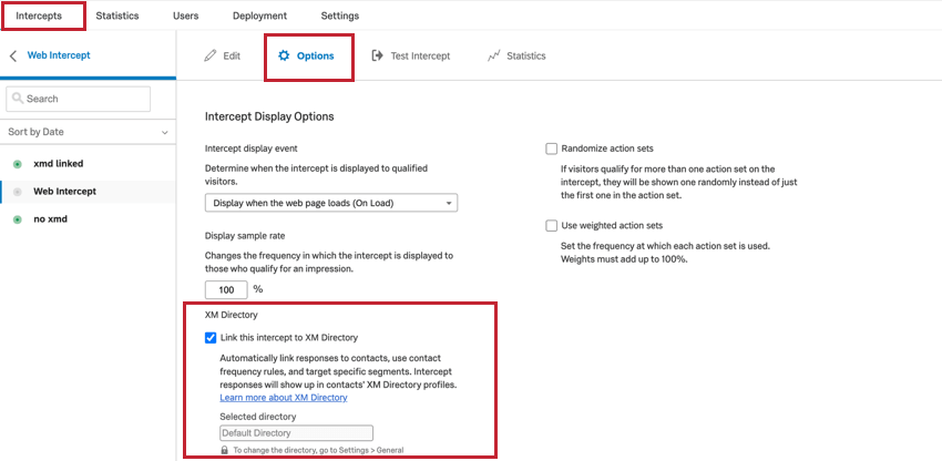 options section of intercept with xm directory link highlighted