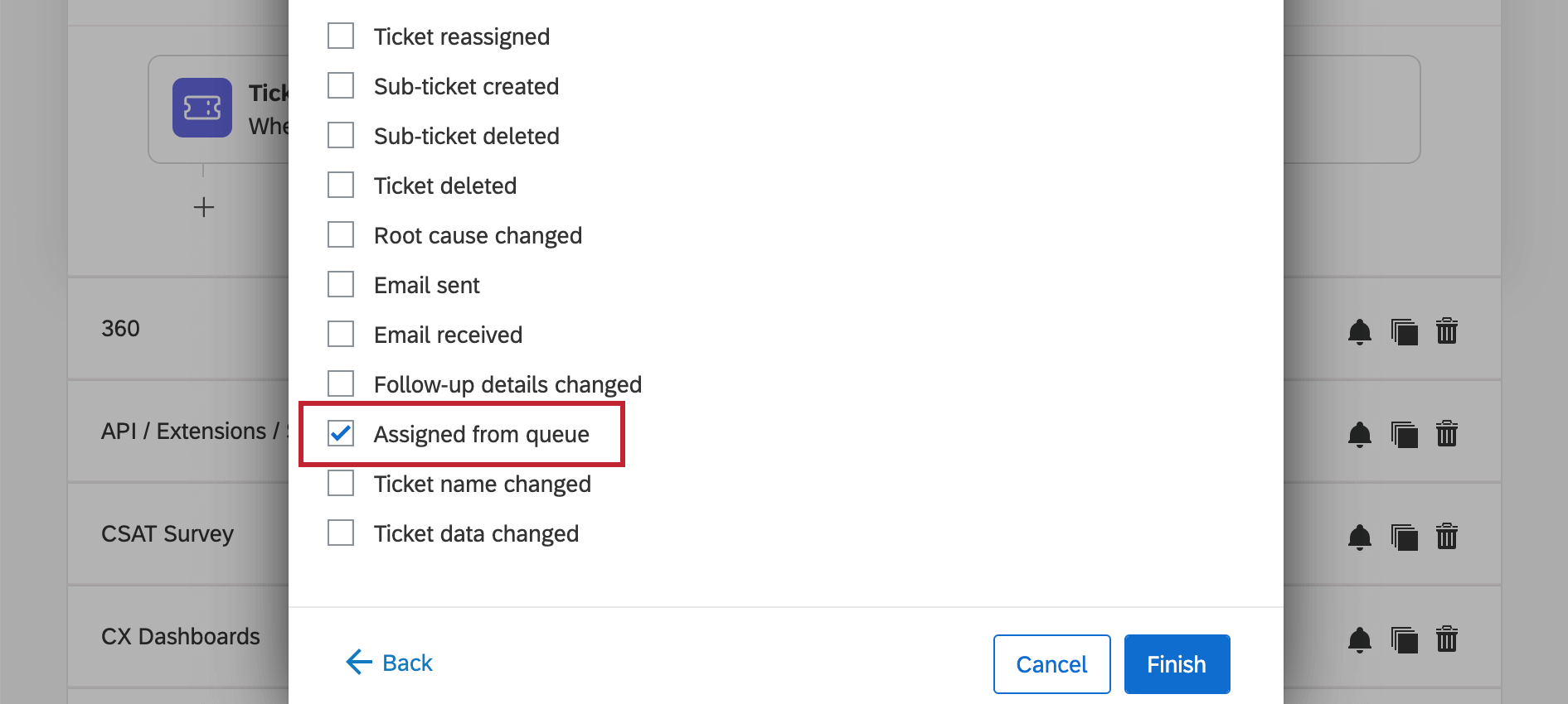 Bild eines Fensters, in dem es unzählige Optionen für Ticket gibt, die jedoch aus der Warteschlange zugeordnet sind