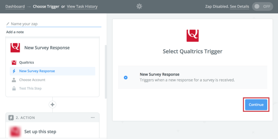 Zapier is open. blue continue button in bottom-right