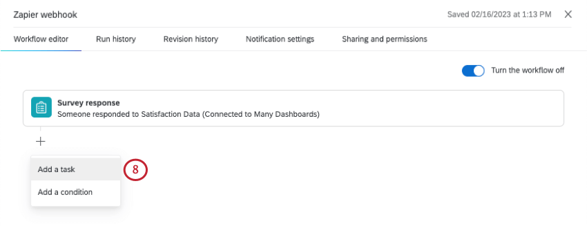 A workflow that starts with a survey response event, then the plus sign is clicked so you can see the Add Task button