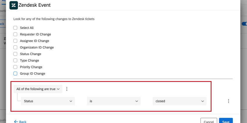 una condición en la parte inferior del evento