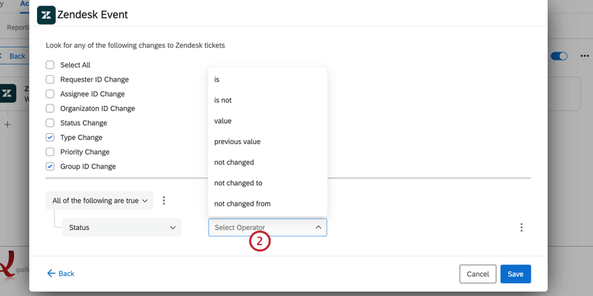 Elegir el operador para la condición del evento de Zendesk